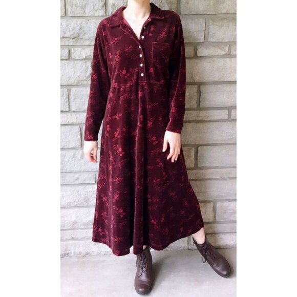 Vintage L.L. Bean - Burgundy Velvet Floral Button Down Dress - Picture 3 of 6